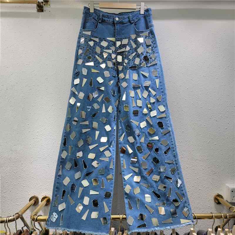 レディース ジーンズズボン下 春 御機嫌酉の方角 ワイドレッグ 伸縮性 引っ切り無い ロング丈 フリンジ ビーズ付き添い人 普段使い走り 心地好い ジーンズ原料品 軽さ 座標し分かりやすい 度合い輪っか トップス取り合わせ