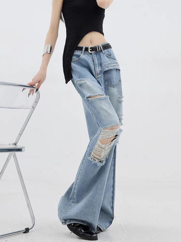 女性用 デニムパンツ 夏用 薄手 ライトカラー ストーンウォッシュ ダメージ ワイドレッグ ロング丈 床引き スリム効果 ゆったりシルエット コーディネートしやすい デニム素材 伸縮性 カジュアルスタイル 通勤 普段使い