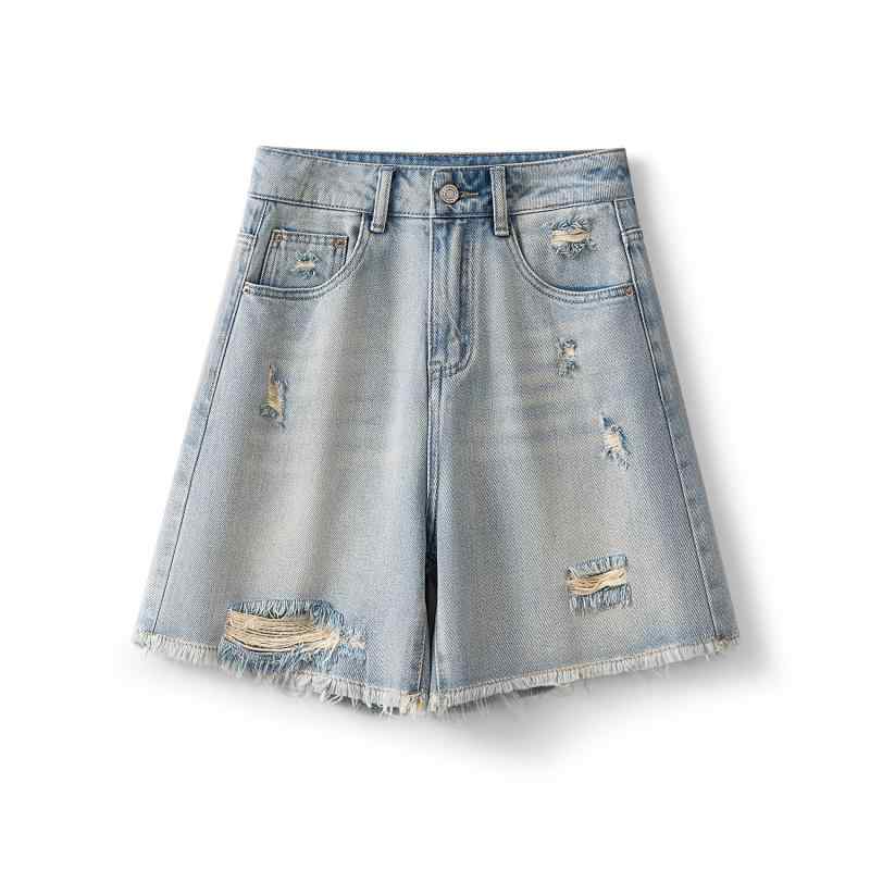 レディース デニムパンツ ワイドレッグ ハイウエスト 5分丈 ダメージ加工 レトロ 夏用 スリム Aライン ゆったり カジュアル 普段使い デニム素材 軽量 伸縮性
