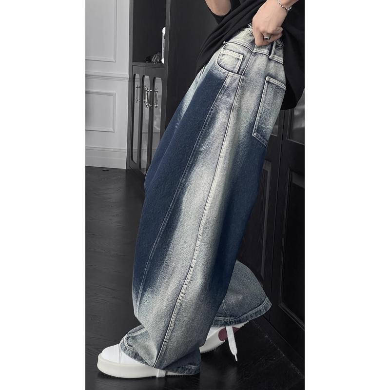 デニムパンツ メンズ ワイドレッグ ハイウエスト レトロ ウォッシュド加工 春夏 スタイルアップ 脚長効果 コーディネートしやすい カジュアル