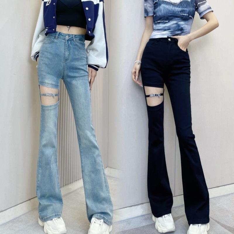 レディース デニムパンツ ダメージ 微フレア スリムフィット 薄手 ハイウエスト ストレート 夏用 スリム見せ カジュアル 軽量 伸縮性