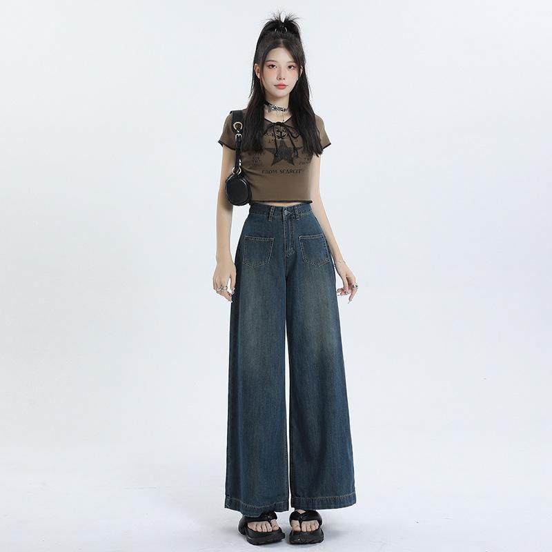 デニムパンツ レディース 秋 ハイウエスト ワイドレッグ ゆったり ストレート レトロ 9分丈 小柄対応 梨型ボディ スリム効果 カジュアル 普段使い デニム素材