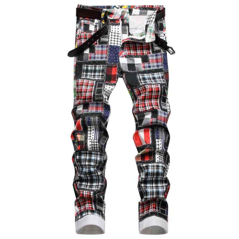 メンズ デニムパンツ 欧米スタイル チェック柄 デジタルプリント 切り替え 伸縮性 ファッション ロング丈 ストレッチ素材 通勤用 普段使い 軽量 快適フィット ブルー系 ブラック