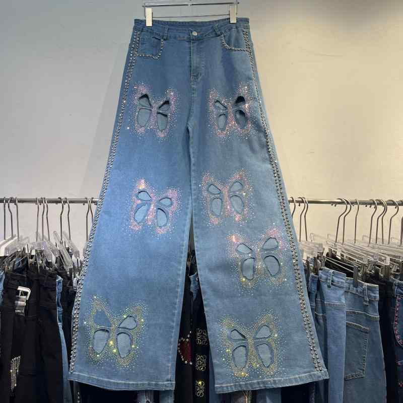 デニムパンツ レディース ハイウエスト ストレート ストレッチ ラインストーン カットアウト スリム 普段使い カジュアル スタイルアップ デニム素材 軽量 快適 フィット