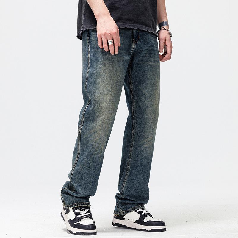 メンズ デニムパンツ レトロ ブルー ストレート ワイドレッグ 春夏 ハイストリート アメリカンスタイル 普段使い カジュアル コーディネートしやすい 伸縮性 軽量