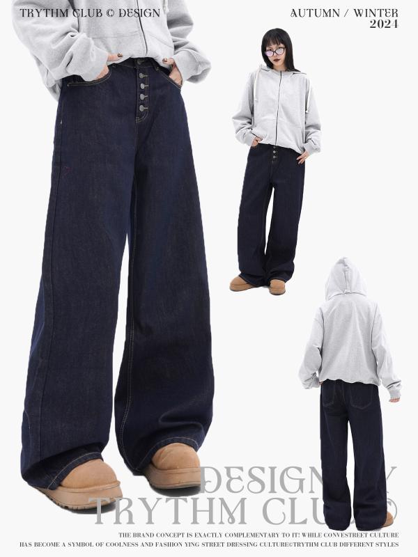 デニムパンツ ゆったり ストレート レトロ アメリカンスタイル ボタン開き ウォッシュド加工 カジュアル 普段使い ロング丈 綿素材 軽量 伸縮性