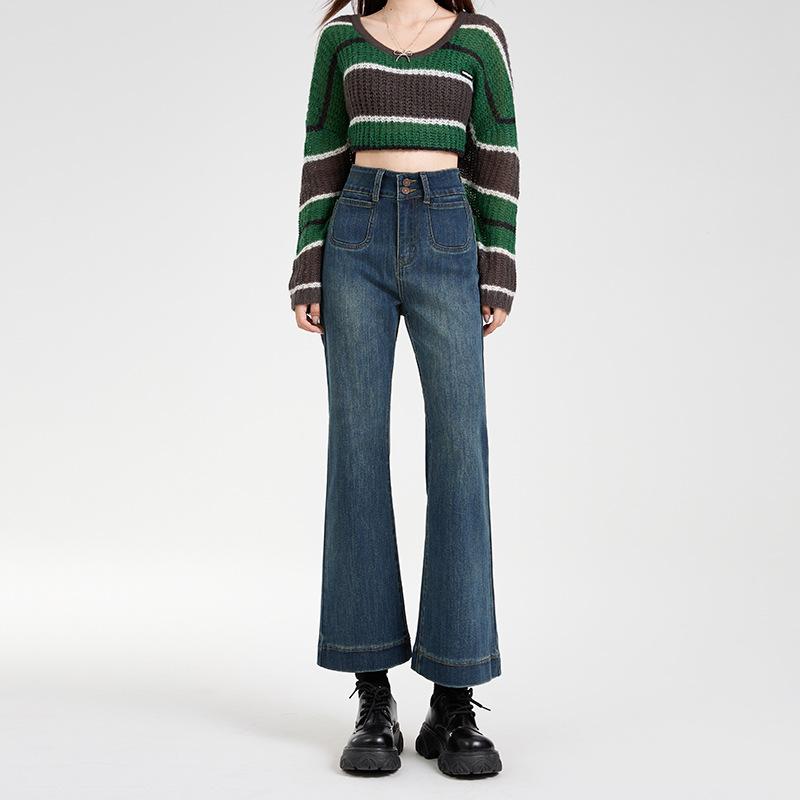 ジーンズパンツ レディース デニムブルー 9分丈 ハイウエスト ストレート フレア 小柄対応 春秋 カジュアル 普段使い ストレッチ素材 軽量 吸湿速乾 4,637円