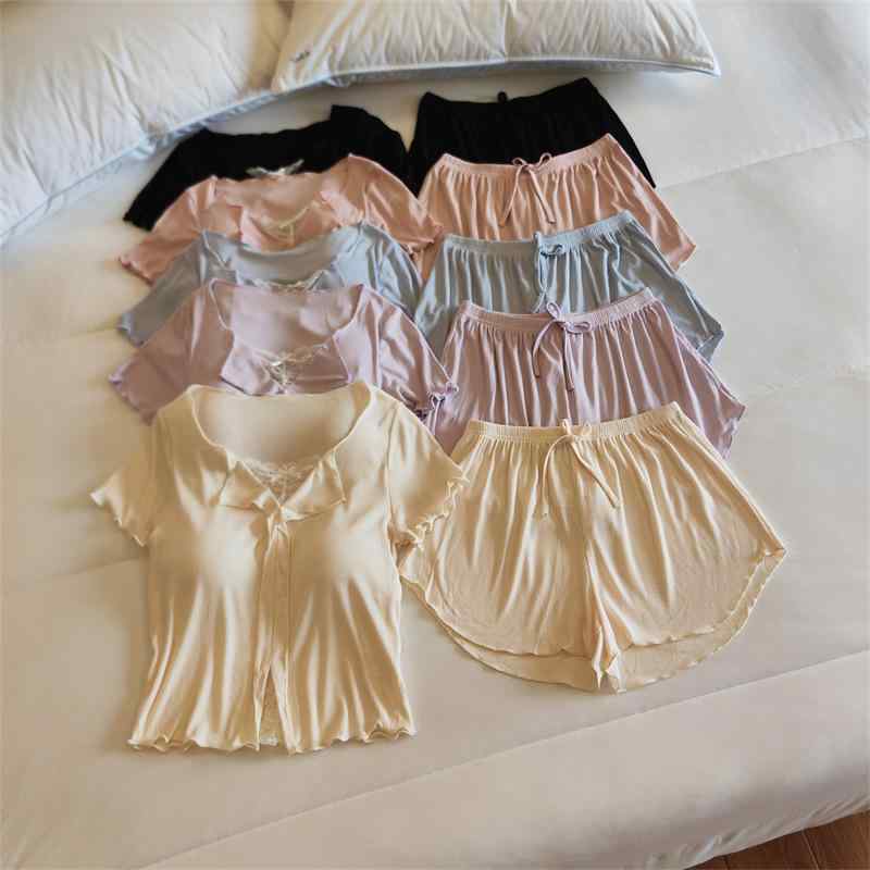 パジャマセット 女性用 夏 レース フリル 短袖 胸パッド付き 薄手 スカラップエッジ かわいい セクシー ルームウェア 部屋着 通気性 吸湿速乾 軽量 ソフト