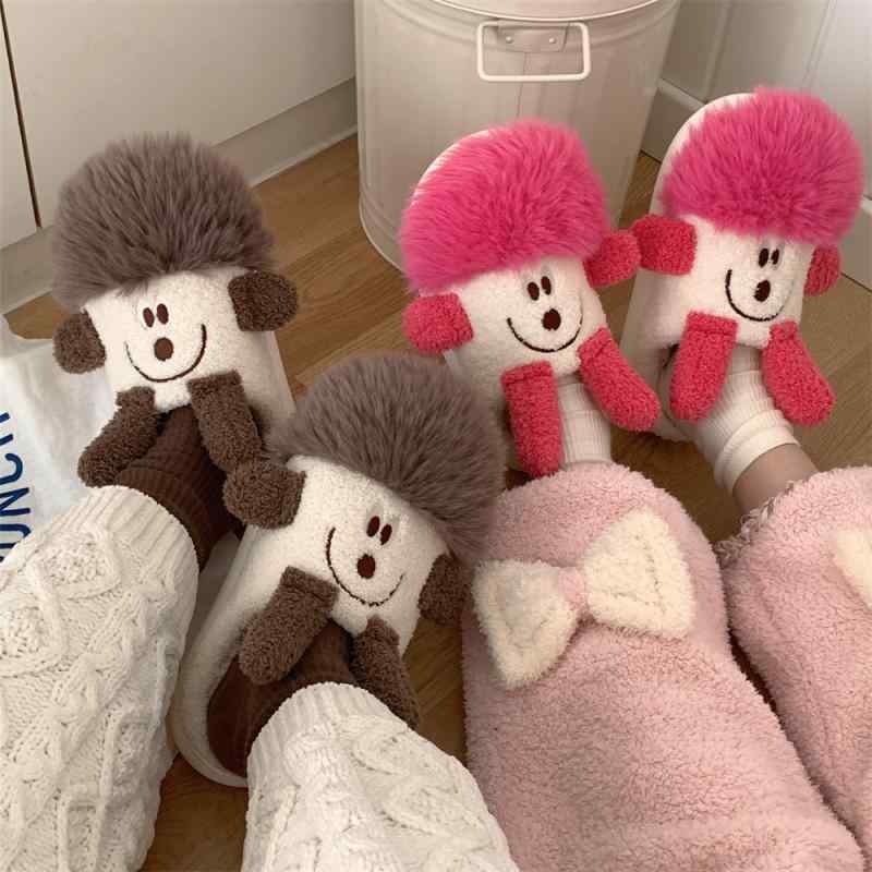 女子用 冬用 ルームスリッパ かわいい カートゥーン柄 暖か 滑り止め 厚底 毛足長 綿素材 室内用 クッション性 フワフワ 個性的 デザイン