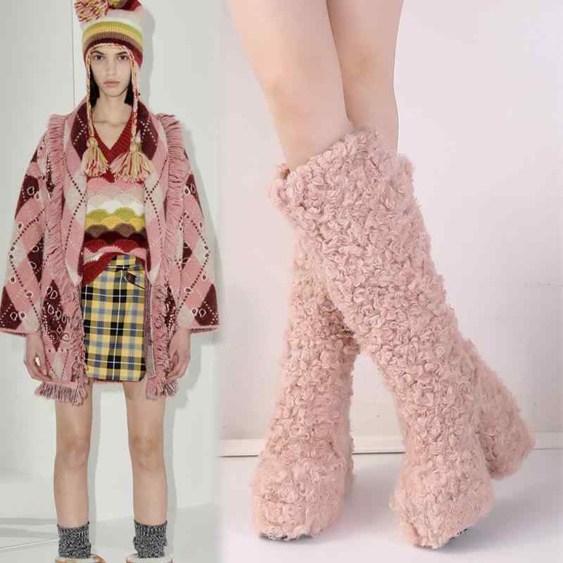 レディース ロングブーツ 真っただ中丈 ラウンドトゥ 雨合羽 厚底踵 絨毛 保温 大きめ大きさ 秋冬 流行り物 デイリー 今めかしい 練りあわせるなめし革 チャンキーヒール 防寒 歩き分かりやすい