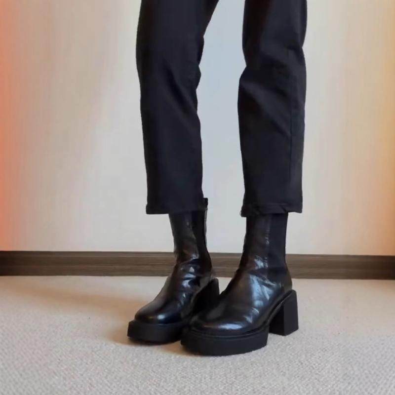レディース チェルシーブーツ 厚底 ハイヒール 太ヒール レトロ 伸縮バンド ラウンドトゥ スリム見せ 軽量 アンクル 女性用 シューズ