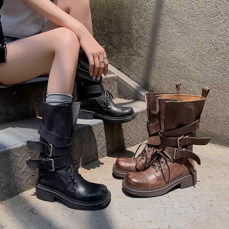 ブーツ 成人女性用 レトロ 中踵  厚底 中筒 ウェスタン 牛飼い 乾荒原 秋冬 革 心地好い 普段使い走り アウトドア 耐久性 つら構え 安定した感