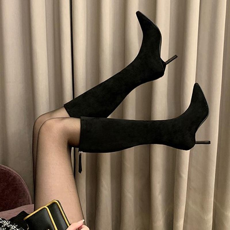 女性用 ロングブーツ ポインテッドトゥ 細ヒール 後ろジッパー 暖か 加厚 スリムレッグ 秋冬 ストレッチ 軽量 ハイカット