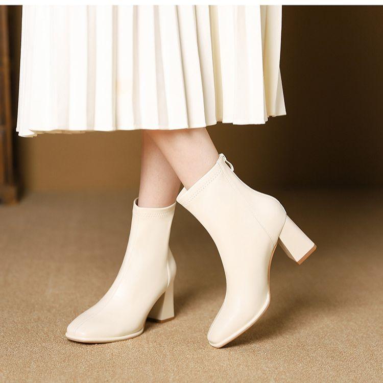 レディース 秋冬 牛革 ショートブーツ 厚底ヒール スクエアトゥ 後ろジッパー 女性用 アンクルブーツ ラバーソール 防水加工 暖か素材 スタイリッシュ 歩きやすい デイリー使い 通勤対応 ブラック ブラウン系 ベージュ