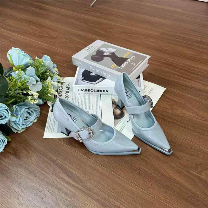 パンプス 女性用 本革 7cm 厚底ヒール ポインテッドトゥ ラインストーン ストラップ 通勤 オフィス エレガント スタイリッシュ 万能 コーディネート シューズ