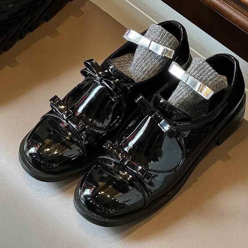 ローファーシューズ 女性用 韓国 ダブルリボン パテントレザー 太ヒール ラウンドトゥ スリッポン 通勤 普段使い 春秋 光沢加工 革製 楽ちん履き