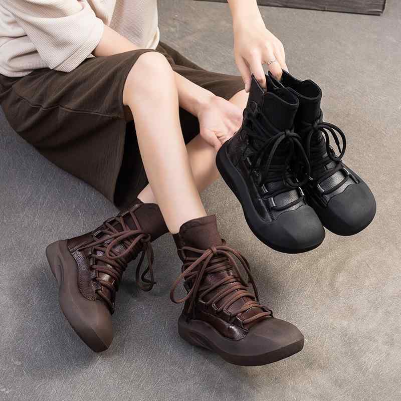 レディース ブーツ 冬 レトロ 厚底 ミドルカット イングリッシュスタイル 紐 デザイン 個性的 女性用 普段使い 軽量 伸縮性
