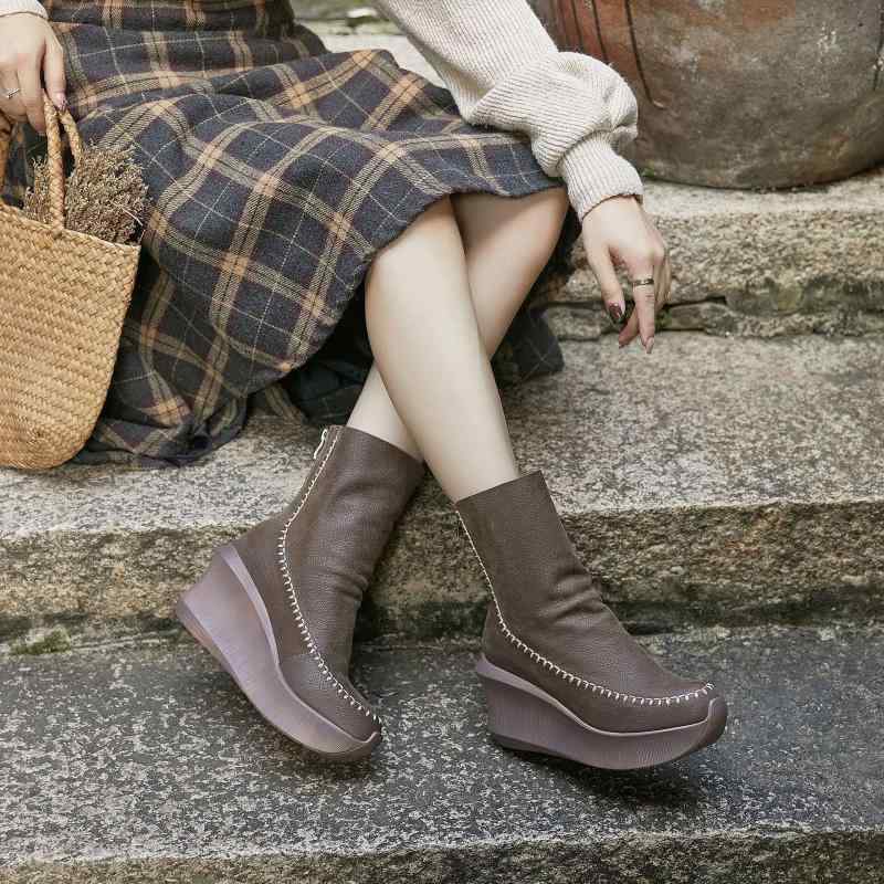 女性用 ショートブーツ 革 ハイヒール 厚底 プラットフォームヒール インソール高さ増し 秋冬 普段使い 合わせやすい 軽量 伸縮性|みやショップ店