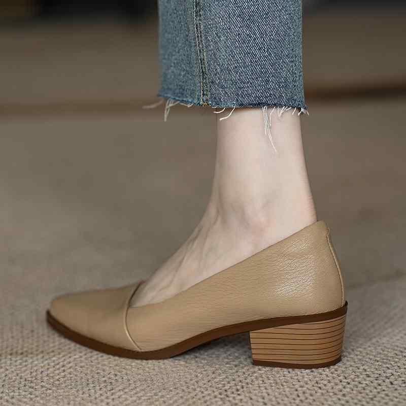 レディース パンプス ポインテッドトゥ チャンキーヒール ミドルヒール ソフトレザー フレンチスタイル ローカット アプリコットカラー 軽量 伸縮性 普段使い 通勤用 快適 女性用 ヒールシューズ