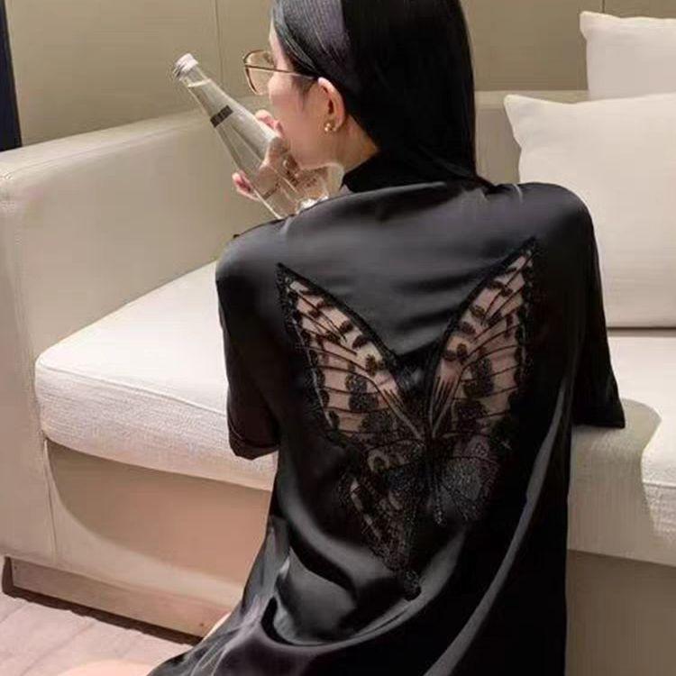 パジャマ レディース 夏 接触冷感 短袖 蝶レース 胸パッド付き かわいい フェミニン ルームウェア セット 吸湿速乾 軽量 部屋着 上下