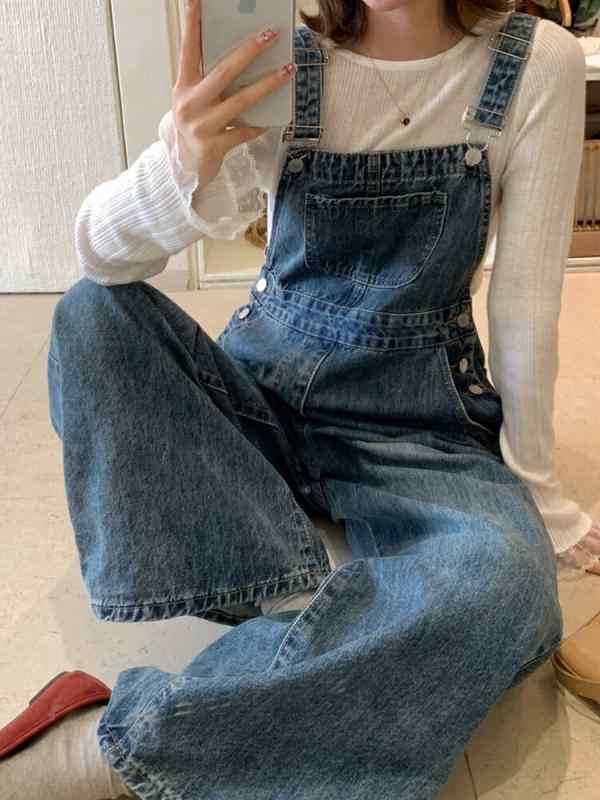 レディース デニム サスペンダーパンツ レトロ 万能 ゆったり ワイドレッグ ロングパンツ 春夏 カジュアル 普段使い ストレッチ 素材｜みやショップ店