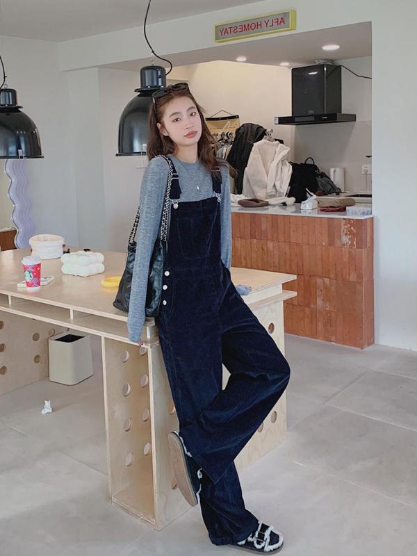 レディース 秋冬 コーデュロイ オーバーオールパンツ ゆったりシルエット スリム効果 ストレートレッグ ロング丈 韓国スタイル カジュアル 普段使い 暖か素材