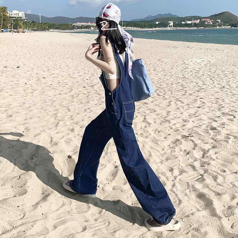 レディース 夏 韓国 ワイドレッグ デニム サスペンダーパンツ ゆったり ロング 細見え ブルー カジュアル ビーチ 普段使い 4,277円