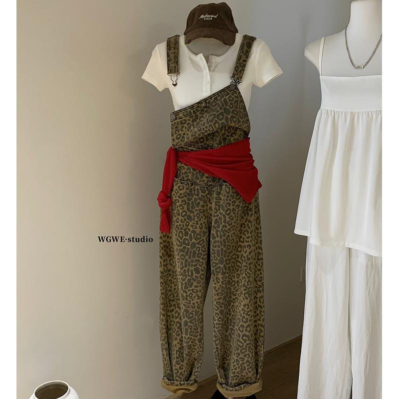 パンツ デニム ヒョウ柄 レトロ ゆったり ビッグシルエット ストレート サスペンダー デザイン アメリカン ハイストリート カジュアル 普段使い 7,896円