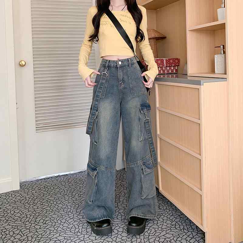 レディース デニム サスペンダー パンツ レトロ カーゴ スタイル 多ポケット ストレート ルーズ フィット アメリカン ストリート カジュアル 普段使い ゆったり シルエット