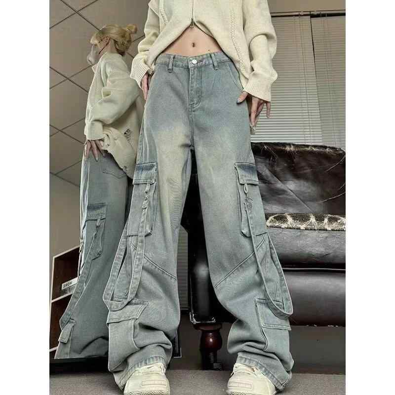 レディース デニムパンツ 秋冬 ワイドレッグ ルーズ ワーク スタイル 多ポケット サスペンダー付き レトロ アメリカン ハイストリート ゆったり ストレッチ コットン 混 カジュアル 普段使い ミリタリー ビッグシルエット デニム素材 快適 フィッ