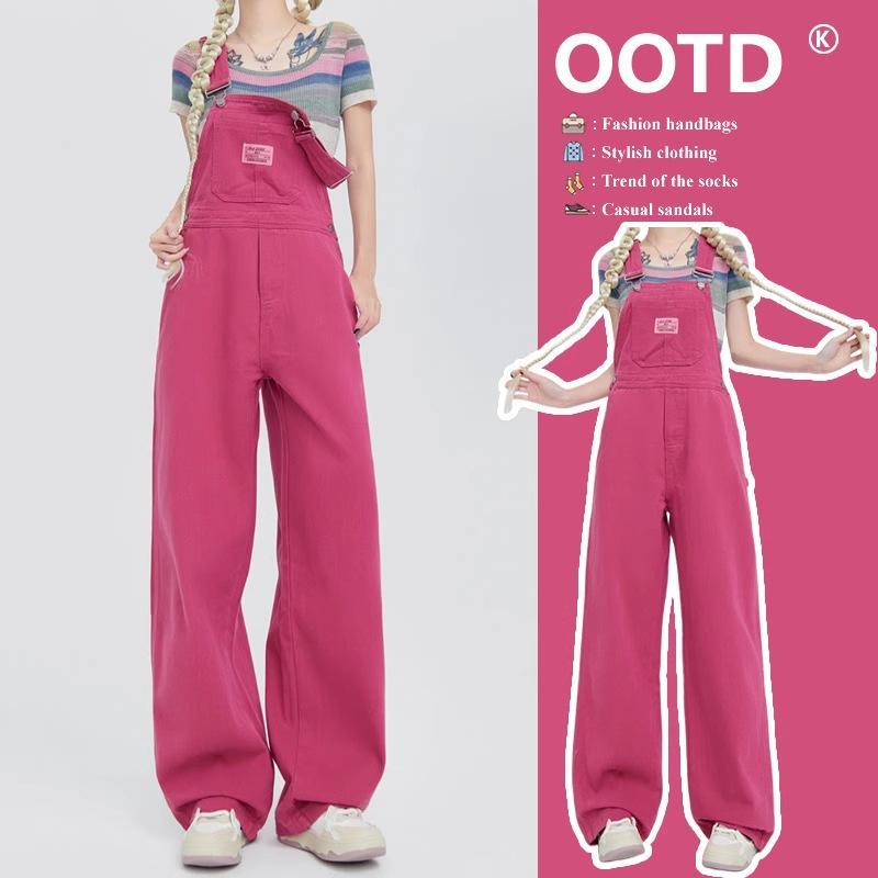 レディース サスペンダーパンツ デニム ピンク ルーズフィット レトロ ハイウエスト 細見え ストレート ロング丈 カジュアル 普段使い ストレッチ素材 ビッグシルエット
