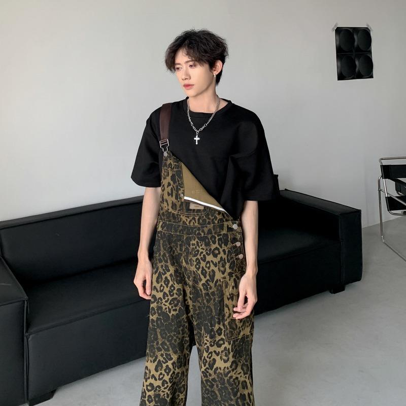 デニムパンツ メンズ レディース アメカジ レトロ ゆったり ルーズ ストレート シルエット カーゴ デザイン ヒョウ柄 プリント サスペンダー 付き ワークウェア スタイル カジュアル 普段使い デニム素材 通勤 通年