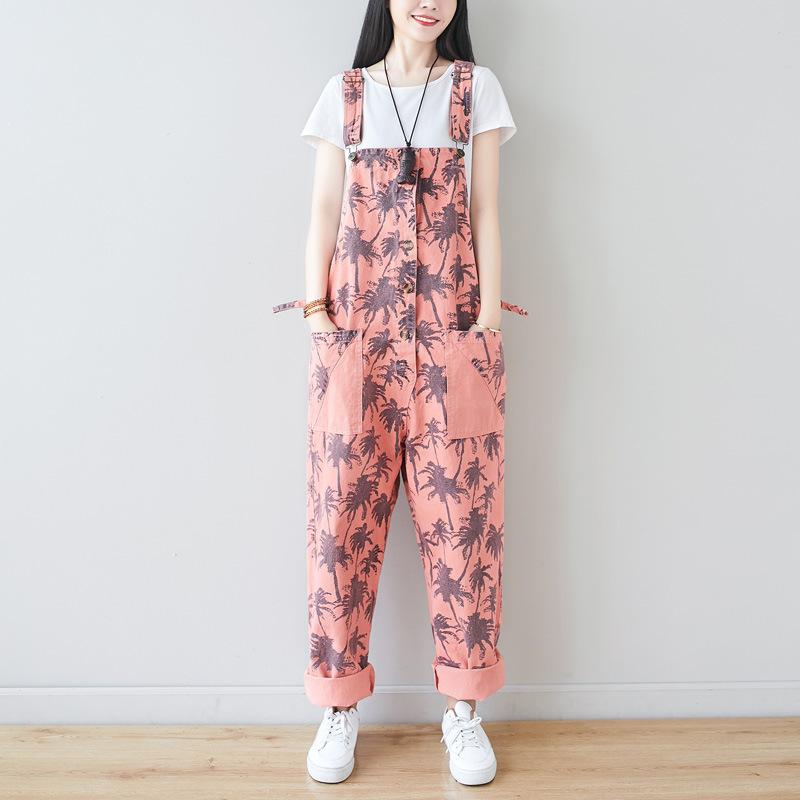 吊り帯パンツ ヤシの木 プリント ゆったり ビッグシルエット 大きめサイズ カジュアル 普段使い コットン混 ストレッチ 軽量 通勤対応