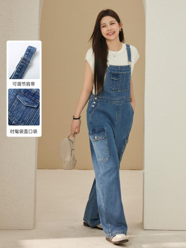 レディース デニム オーバーオール パンツ プラスサイズ レトロ ストリート カジュアル 個性 合わせやすい ストレッチ 秋 普段使い 軽量 コットン混 ストレートシルエット ブルー系