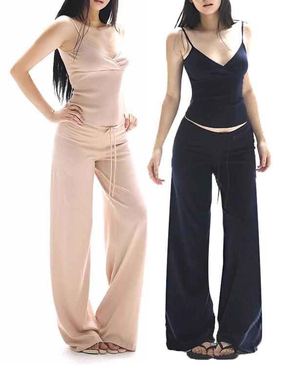 夏 レディース バックレス キャミソール トップス 胸パッド付き ウエストシェイプ スリム フィット ワイドレッグ パンツ カジュアル ロングパンツ ストレート 軽量 吸湿速乾 通勤用 普段使い