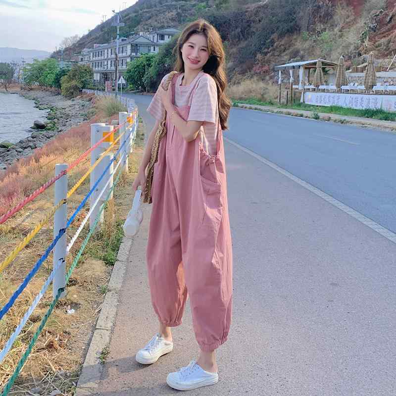 サスペンダーパンツ セット レディース 夏 スクール ワーク ピンク ゆったり ビビッドカラー おしゃれ 若々しい ルーズフィット トップス パンツ 2ピース カジュアル 普段使い 軽量 伸縮性