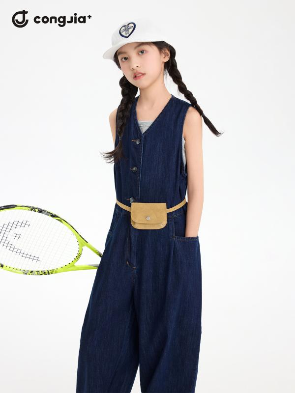 女の子用 子供 デニム つなぎパンツ ゆったり ワイドレッグ 韓国 春夏 カジュアル 普段使い 軽量 伸縮性 吸湿速乾 ビッグシルエット 通年