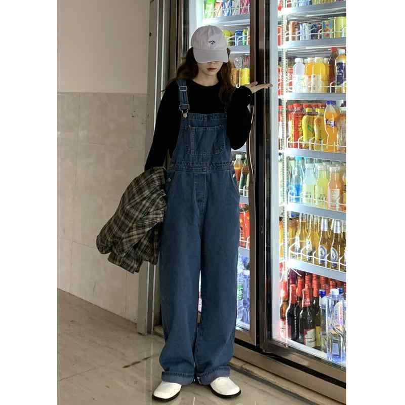 オーバーオール レディース デニム 素材 ストレート ワイドレッグ ハイウエスト ゆったり 韓国 カジュアル 普段使い ビッグシルエット ベーシック アイテム