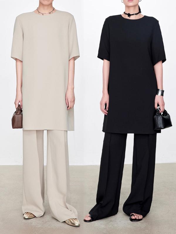 春夏 レディース 円ネック Aライン 中長丈 アセテート ワンピース 中腰 伸縮 ワイドレッグパンツ スリム見え ストレート 光沢素材 スタイルアップ 普段使い