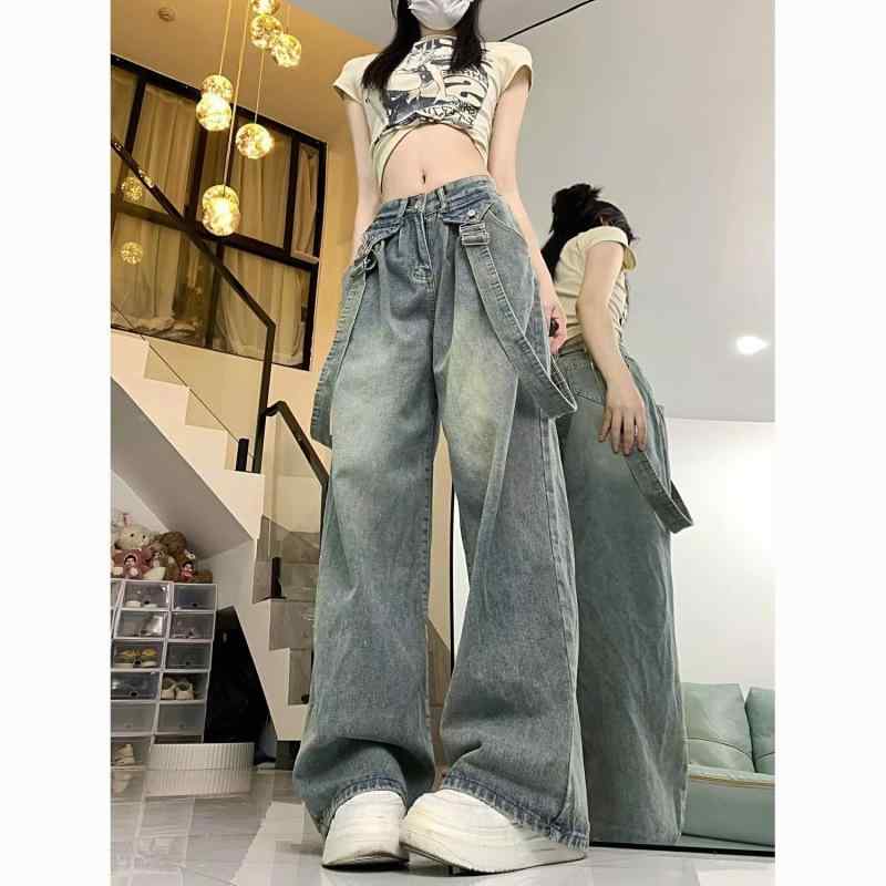 デニムパンツ ハイウエスト ワイドレッグ ルーズフィット レトロデザイン サスペンダー付き アメリカンスタイル ハイストリート カジュアル ストリートファッション ロング丈 デニム素材 ゆったりシルエット 普段使い