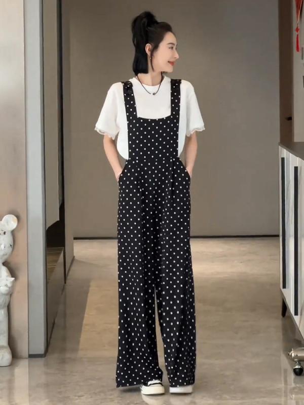 つなぎ レディース 夏 ポルカドット ゆったり ビッグシルエット レース 切り替え 半袖 白 Tシャツ 2点セット カジュアル かわいい 普段使い 軽量
