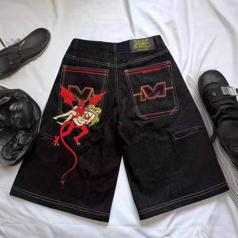 デニムパンツ 男性用 夏用 レトロ ワイドレッグ 膝丈 ヒップホップ ポケット刺繍 アルファベットプリント ストリートファッション カジュアル デニム素材 ビッグシルエット 普段使い