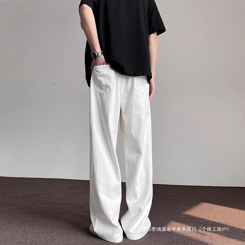 デニムパンツ メンズ レディース アメリカン レトロ ホワイト ストレート ワイド ルーズ カジュアル 夏用 ベーシック 単色 普段使い コットン混 ジーンズ ズボン