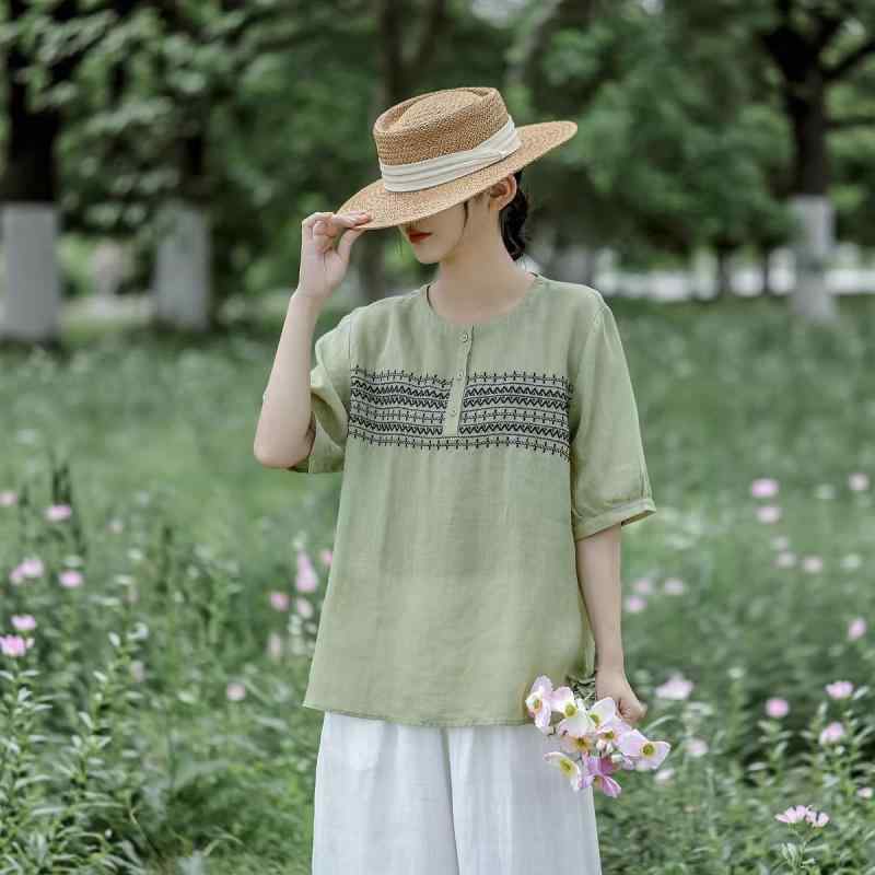 ブラウス レディース 夏 ゆったり プルオーバー 丸首 横ストライプ 刺繍 ラミー 麻 通気性 軽量 吸湿速乾 トップス シャツ カジュアル シンプル