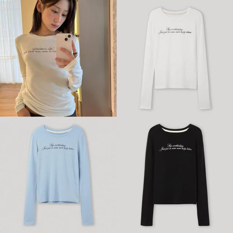 レディース 長袖 インナー Tシャツ トップス アルファベット プリント 柄 スリム フィット スリム見え 素材 再生繊維 普段使い コーディネート レイヤード 伸縮性 軽量 吸湿速乾