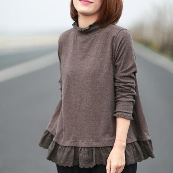 秋 レディース ゆったり Tシャツ ハイネック 長袖 インナー フリル領 クロシェ裾 ビッグサイズ ルーズフィット 芸術的デザイン 柔らかい素材 普段使い トップス 5,124円