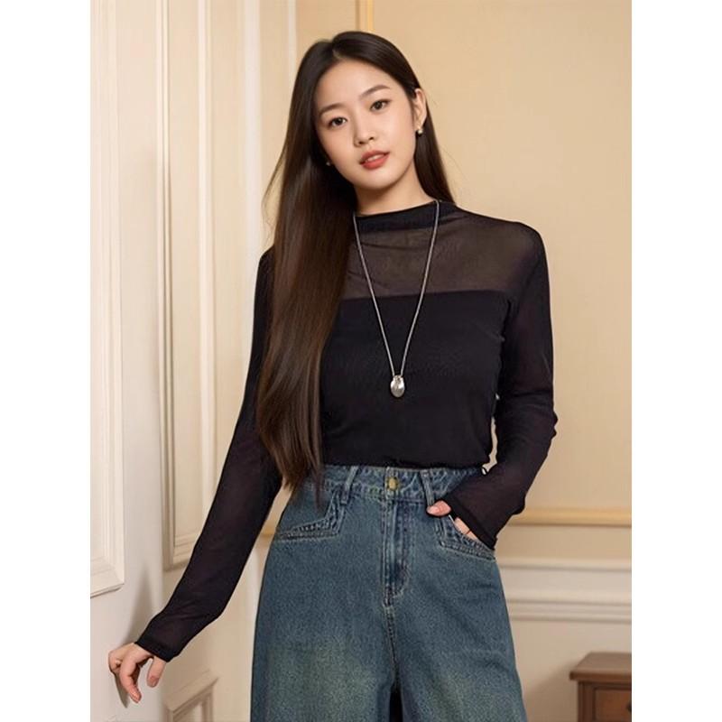 レディース ビッグサイズ ハーフハイネック 長袖 メッシュ 切り替え ブラック インナーTシャツ シンプル トップス ゆったり スリム 普段使い ベースレイヤー