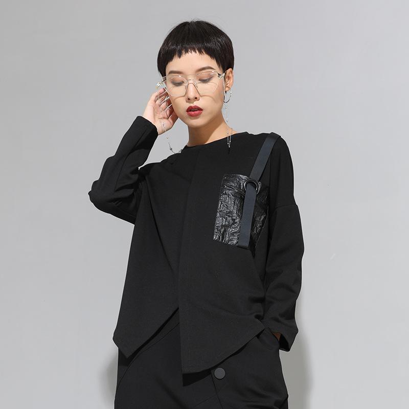 レディース 長袖 Tシャツ 春秋 ダーク クール 個性派 ストレート シルエット スリム 効果 アシンメトリー デザイン サイド スリット カジュアル トップス コットン 混 素材 軽量 伸縮性