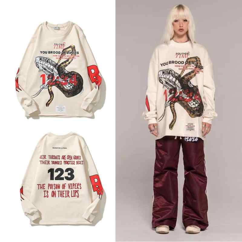 トップス メンズ レディース ビンテージ ストリートスタイル ゆったり 長袖 Tシャツ パイソン柄 スケッチ デザイン フリース ラウンドネック パーカー カジュアル 日常使い ユニセックス 4,505円