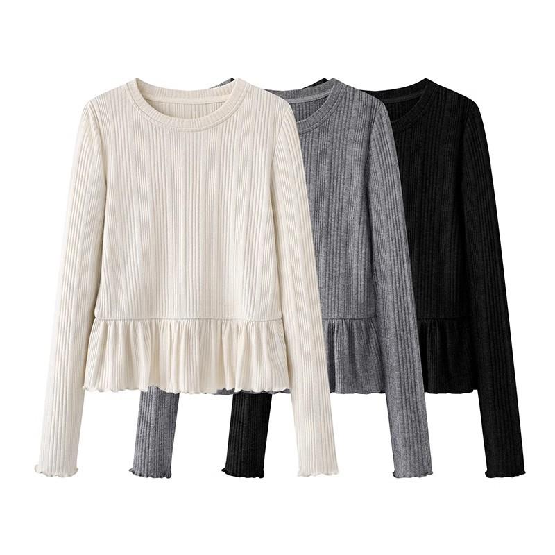 レディース 秋冬 長袖 Tシャツ トップス スリム ボディフィット インナー フリル ラッフル デザイン 伸縮性 軽量 普段使い コットン混 ブラック ピンク系
